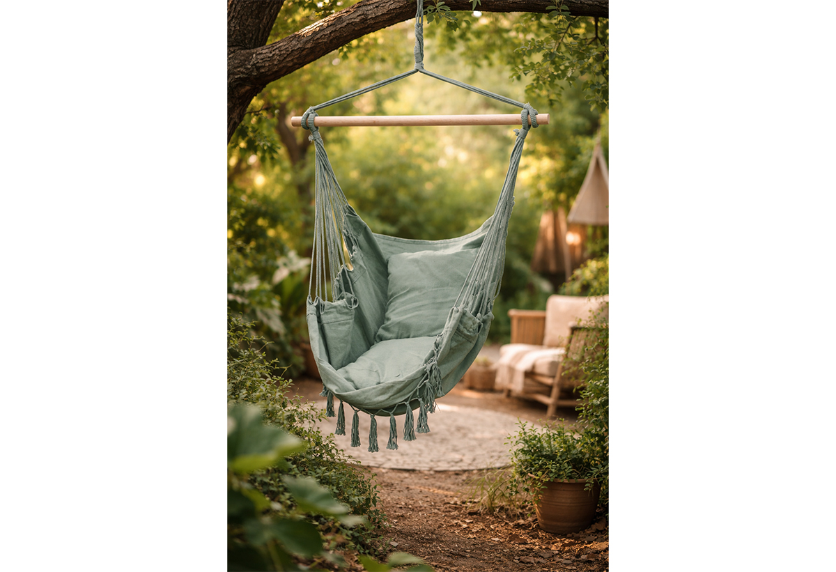 Απεικονίζεται η πολυθρόνα σε κήπο.